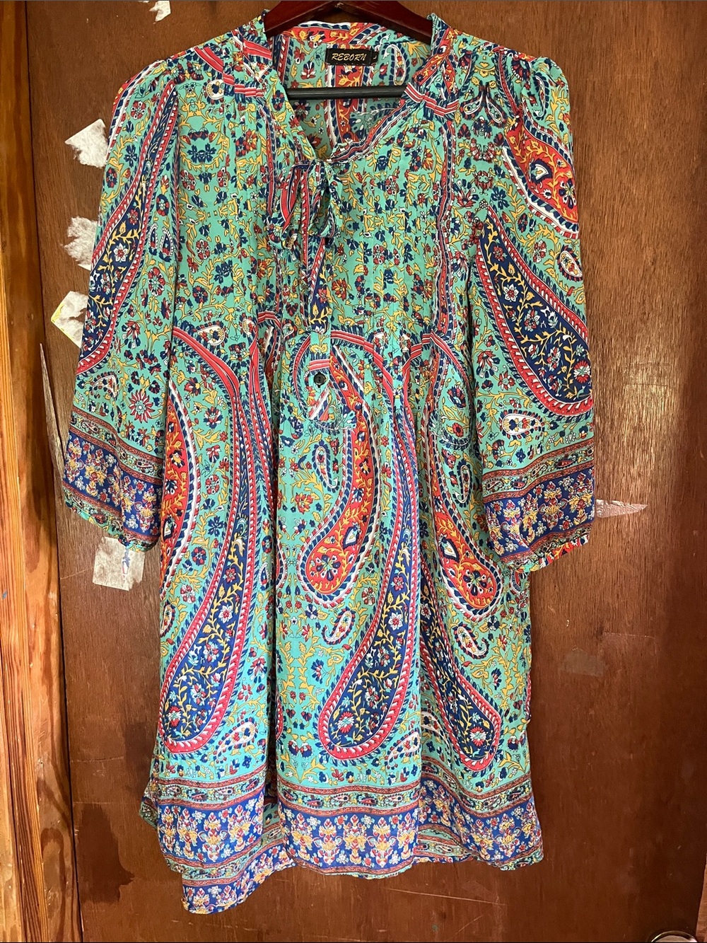 Reborn Teal Paisley Tie-Neck Boho Semi-Sheer Tunic Dress Large